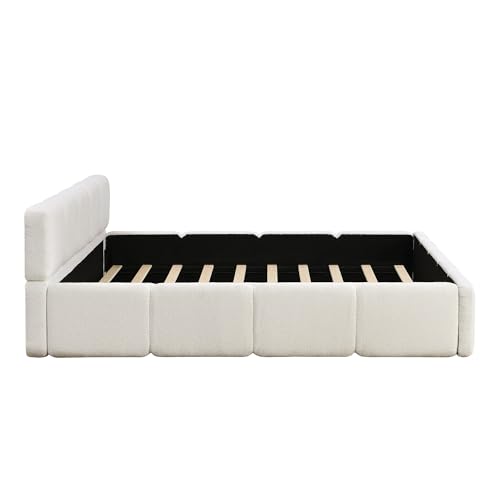 Image of Harper & Bright Designs Boucle Platform Bed with Thick Headboard, King Size Platform Bed Frame with Wood Sturdy Slats Support for Guest Room Bedroom, Space Saving, White