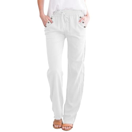 Pantalon en lin femme taille haute fluide et léger avec cordon de serrage