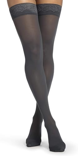 Image of SIGVARIS Women's Style Medium Sheer 750 Closed Toe Thigh-Highs w /Grip Top 20-30mmHg - Nightshade - Large Short