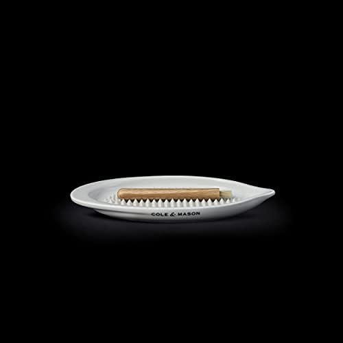 Cole & Mason H121922 Keele Ceramic Grater Plate | Garlic Grater/Zester Grater/Ginger Grater/Cheese Grater | White Glazed Porcelain/Hevea | Includes Wooden Brush/Dishwasher Safe | 2 Year Guarantee
