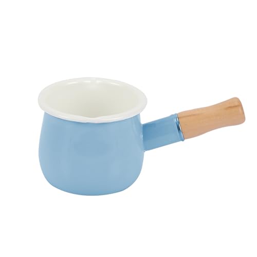 Mini Milk Pan Milk Pot Tea Coffee Egg Boiling Pot Enamel Milk Pan with Wooden Handle, 512ml Nonstick Saucepan Mini Butter Warmer (Grey-Blue)