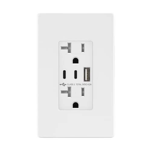 Image of TOPGREENER 4.2A 3-Port Type C USB Outlet, 20 Amp Receptacle Plug, Charging Power Outlet with Dual Type C&A Ports, Screwless Wall Plate Included, UL Listed, Commercial Grade, White