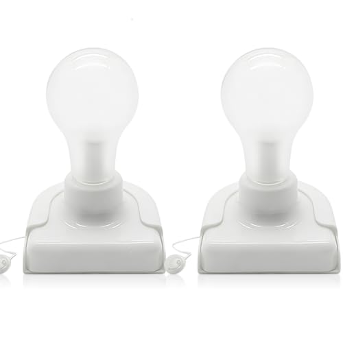 Zwesanii Stick-Up Light Bulb for Closet, 2Pack Battery Operated LED Light Bulb with Pull Chain, Wireless Self Adhesive Wall Mounted Lamp Fixtures for Cabinet Bedroom Living Room Kitchen, Clear Cover