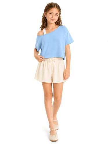 Image of Girls Off The Shoulder Tops Asymmetrical Short Sleeve Crop Top Cute Summer Tee Shirts