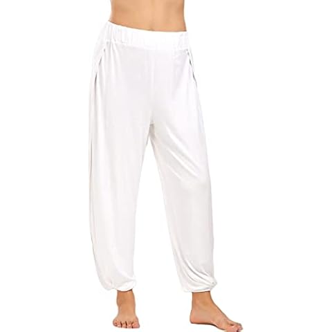 DeuYeng Women Yoga Pants Casual Loose High Slit Harem Pants High Waist Side Sport Harlan Trousers Active Workout Hippie Pants (White, Medium) Cover