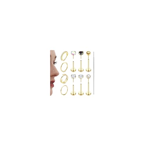 LOLIAS 14K Gold Filled & 316L Surgical Steel Nose Rings & Studs - 20G & 18G Threadless Hoops & Push in Flat Back - CZ Hypoallergenic Piercing Jewelry for Women & Men - 11Pcs