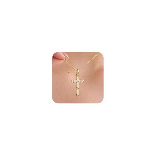 Cross Necklace for Women,Sterling Silver Cross Necklace 14K Gold Filled CZ Diamonds Crucifix Pendant Necklaces, Religious Jewelry Gift for Easter Christmas Mother's Day Birthdays Daily Wear