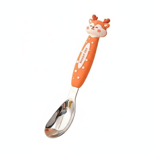 CoudarTitie Cuchara de Acero Inoxidable Infantil Utensilio Ergonómico Borde Redondeado Mango Cartoon Apto para Niños en Crecimiento Adecuado para Entrenamiento Solo Alimentación Familiar, Ciervo