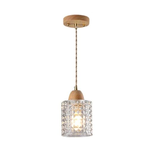 Suspension style japonais en bois et verre cylindrique, luminaire suspendu câble ajustable