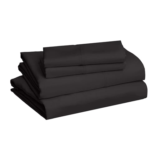 Image of Amazon Basics Lightweight Super Soft Easy Care Breathable Microfiber 4 Piece Cozy Comfortable Bed Sheet Set, Wrinkle Resistant with 14-Inch Deep Pockets, Queen, Black, Solid