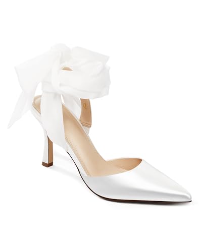 Image of Womens Lace up Satin Heels Bow Pointed Closed Toe Bridal Dress Shoes Low Heel Wedding Elegant Pumps