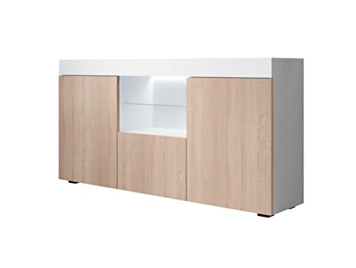 MB Muebles Bonitos, Aparador Sefora para Salón Comedor Moderno con Luz LED, Mueble de Melamina Mate, Color Blanco y Sonoma, 135x73x34 cm