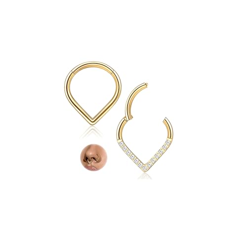 FIOROYAL 2 Piezas Piercing Nariz G23 Titanio Piercing Septum Pendientes para Mujeres Hombres Septum Clicker Oreja Nariz Anillos Daith Cartílago Helix Tragus Piercing Nariz Oro Plata Negro dorada