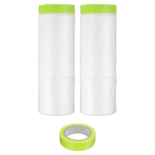 Image of uxcell Pre-Taped Masking Film, 4.9ft x 66ft with 2 Extra Painters Tape, Plastic Drop Cloth with High-Tack Painters Tape for Painting Protection, Green, 2Pcs