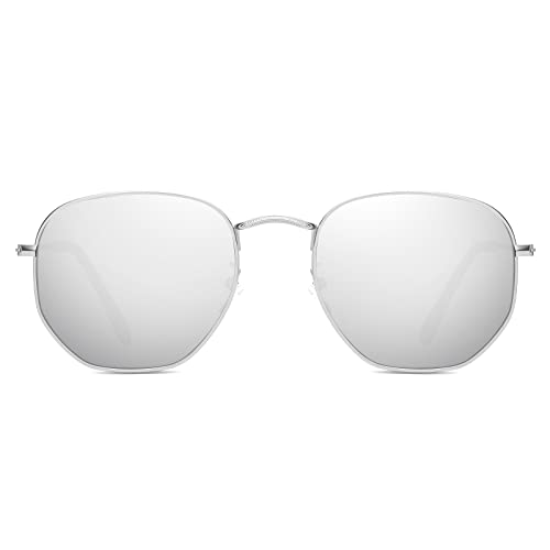 Polarized Hexagon Sunglasses for Women Men Metal Frame Square Small Polygon Sun Glasses UV400 Protection (A) Silver-Silver Mirror Lens
