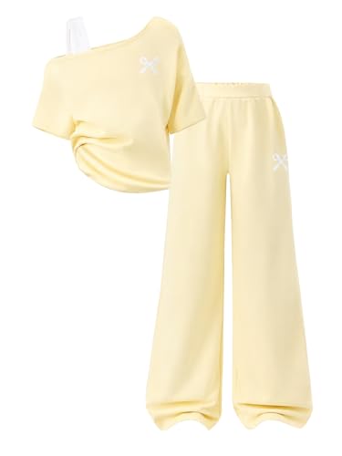 Image of Teen Girls Clothes Off the Shoulder Top and Wide Leg Pants Matching Outfit Set with Pockets Size 7-16
