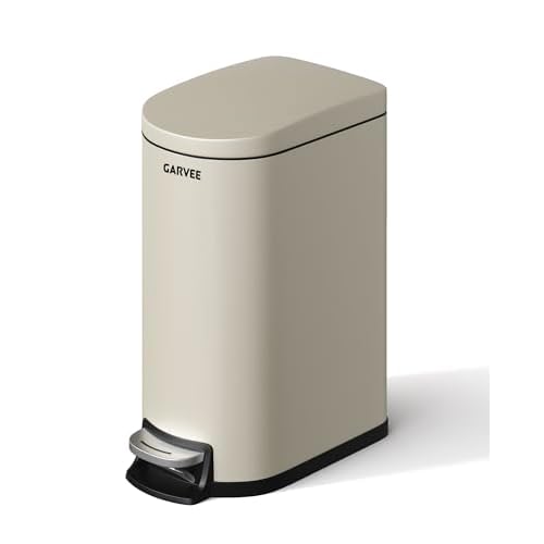 Garvee 2.6 gal / 10 L Metal Bathroom Trash Can with Lid, Slim Waterproof Garbage Can for Bedroom, Small Step-on Trash Bin with Inner Bucket, Rear Hand