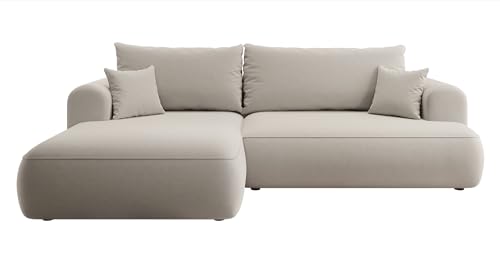 Selsey OVO - Ecksofa mit Schlaffunktion, Bettkasten, Ottomane Links, Easy-Clean-Veloursbezug in Cremeweiß