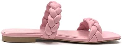 Soda VAULT Women's Square Open Toe Flat Sandals Braided Strap Slip-on Slides Woven Sandals (5.5, PINK PU, numeric_5_point_5) | Image 1