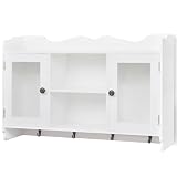 Homgoday Vitrina colgante blanca de MDF lacado con 2 puertas de cristal y 4 ganchos – Armario de pared para cocina, carga máxima de 10 kg Model242435