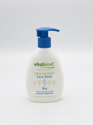 vitalkind Ultra Sensitive Face Wash Boy 200 ml – Limpiador facial sin fragrancia para pieles sensibles – Con aceite orgánico de aloe vera y albaricoque – pH 5.5 – Cuidado diario suave para niños