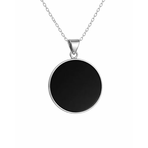 Echmeck 925 Sterling Silver Black Onyx Flat Round Handmade Pendant Necklace - Unisex Jewelry for Women & Men (Onyx Flat - 25mm, 18+2'' Chain)