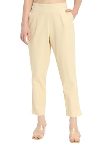 Image of Women's Solid Straight Fit 100% Cotton Trousers | High Waist, Side Pockets, Ankle Length Pants for Office, Casual