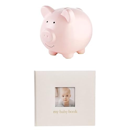 Bundle of Pearhead Large Ceramic Piggy Bank + Pearhead Baby Memory Book, Ivory Linen