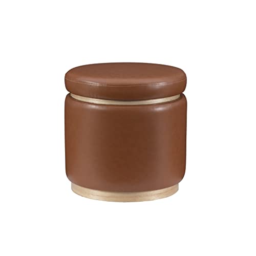 Linon Lexington Caramel Faux Leather Round Storage Ottoman with Wood Accent