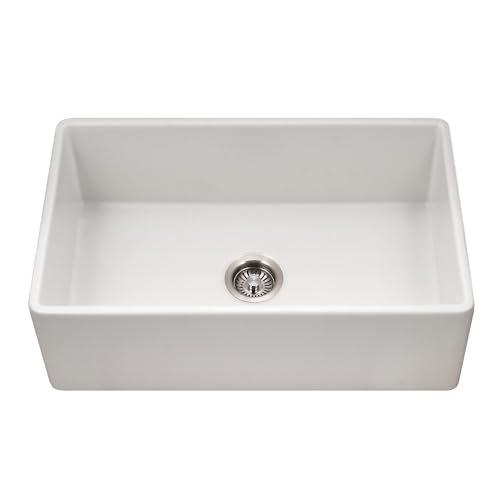Houzer Platus White Fireclay Kitchen Sink: 30 Inch Apron Front Farmhouse Single Bowl Sink, Durable &...