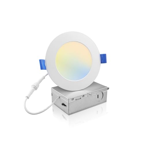 ECOELER 4 Inch 5CCT LED Recessed Dimmable Ceiling Light with Junction Box, 2700K/3000K/4000K/5000K/6000K Selectable, 10W, 800Lm High Brightness Wafer Downlight, ETL&FCC Listed