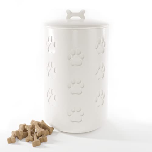 Dog Treat Container Airtight - 5' Round x 9' Tall Ceramic Dog Treat Jar with Lid - White Dog Treat Canister - Large Dog Cookie Jar for Dogs - Pet Treat Container Airtight - Dog Treat Jars for Pets