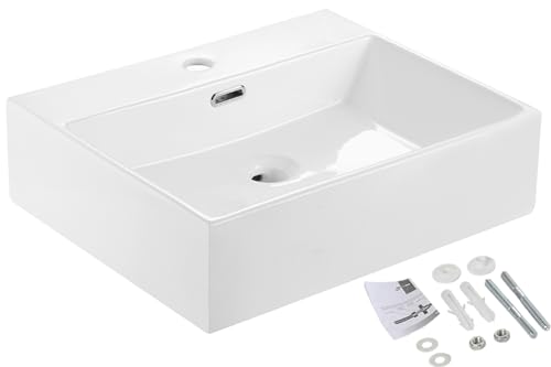 HOROW Waschbecken Waschtisch aus Keramik - Aufsatzwaschbecken Bad Hängewaschbecken Eckig Waschbecken Klein 50 cm Breit Gäste WC Weiß 50 x 42 x 14 cm - mit Überlauf, Ohne Ablaufgarnitur