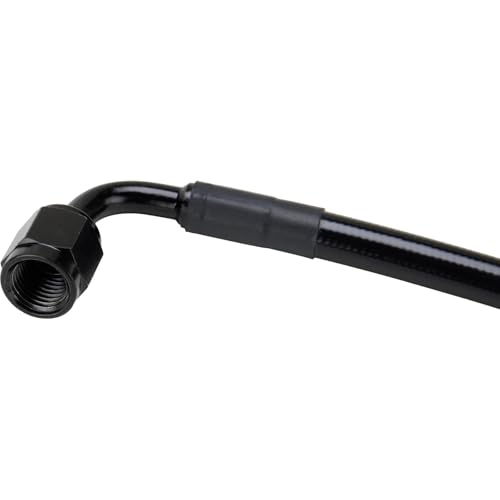 Speedway Motors 24” Straight Black PTFE Brake Hose -4 AN, Stainless Steel Braided High-Pressure Line with PVC Coating, Zinc-Coated Nuts, & 3000 PSI Pressure-Tested Crimp Fittings