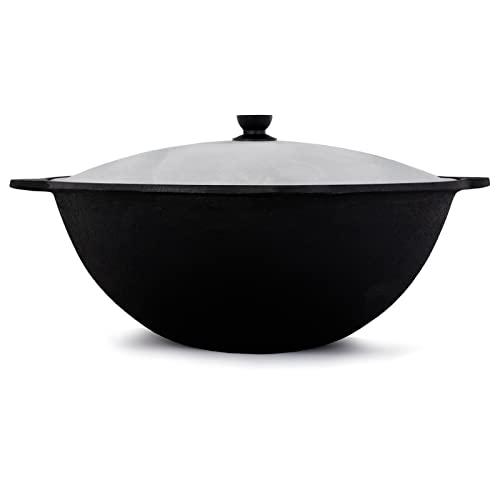 NAMANGAN | Schwenktopf Kazan aus Gusseisen 22 L (runder Boden) | Kasan Uzbekisch | Cast Iron KESSEL Uzbek | Camping Usbek Asia WOK | Topf mit Aluminium Deckel