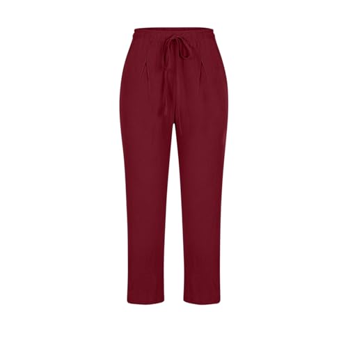 Image of ABABC Linen Capri Pants for Women Casual Straight Wide Leg Capri Pant Loose Lightweight Drawstring Beach Cropped Trousers