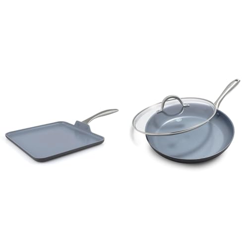 GreenPan Lima 11" Griddle & 12" Frying Pan with Lid Healthy Ceram...