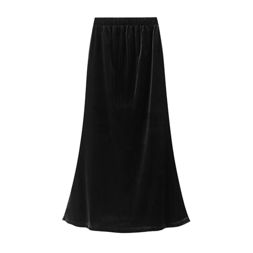 Womens Winter Velvet Elegant Long Skirt Stretch High Waist Maxi Skirt Black