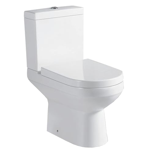 Laynor Ceramic Close Coupled Toilet Includes Soft Closing Seat, Modern White Curved Design, Dual Flush, Bathroom Toilet WC