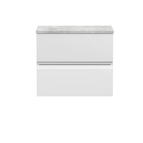 Hudson Reed URB104LBG Urban | Modern Bathroom Wall Hung Vanity Unit with 2 Soft Close Drawers and Grey Worktop, 600mm, Satin White