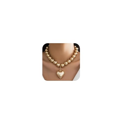 YANCHUN Chunky Heart Necklace Chunky Gold Pendant Necklaces for Women Trendy Large Beads Statement Heart Charm Necklace Jewelry Gifts
