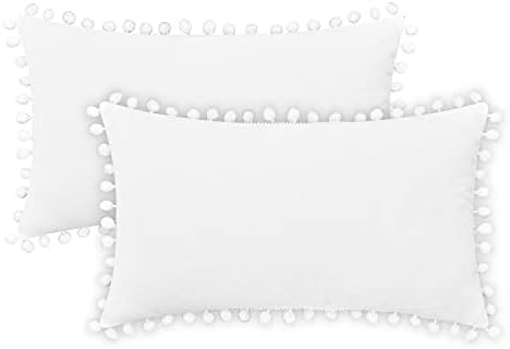 CaliTime Throw Pillow Cases Pack of 2 Cozy Solid Dyed Soft Chenille Cushion Covers with Pom Poms for Couch Sofa Home Decoration 50cm x 50cm Sage
