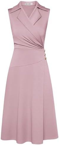 GRACE KARIN 2025 Women's Notch Lapel Ruched Wrap V Neck Business Work Dress Sleeveless A Line Midi Dress