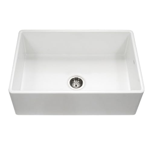 Houzer PTG-4300 WH Platus 33 Inch Fireclay Series Farmhouse Sink, Undermount Apron Front Farm Sink with Single Bowl, Non Porous Surface Impervious to Cracks and Chips, White
