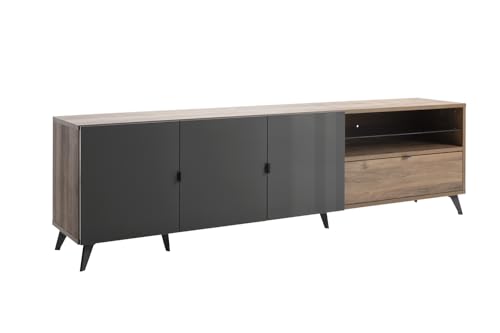 Mobile porta TV della Linea INFINITO con 3 Ante 1 Cassetto e 1 Vano con Led Base Multiuso LxAxP 225.5x64.6x42.9 cm Grigio Titanio Laccato e Noce Brera Made in Italy