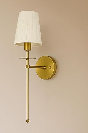 Image of Antique Gold Long Lamp with Cream Pleated Fabric Shade Lamp | Wall Lamp with Metal Frame | Decorative Lighting Fixture for Living Room, Bedroom, Hallway
