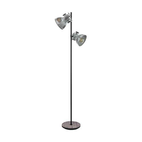 GLO Barnstaple Lámpara de pie de 2 focos de diseño vintage, industrial, retro, lámpara de acero con aspecto de zinc usado, madera, aspecto oxidado, negro, E27, incl. interruptor de pedal