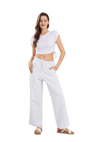 CHARTOU Women's Summer Drawstring Waist Wide Leg Loose Cotton Linen Palazzo Pants3