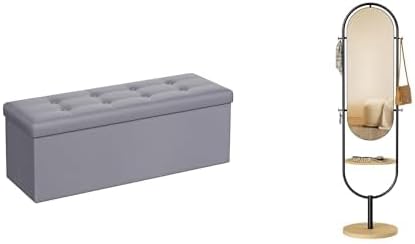 SONGMICS 43 Inches Folding Storage Ottoman Bench, Storage Chest,Full-Length Floor Mirror, 3-in-1, Modern Standing Full Body Mirror, 16.5 x 18.9 x 68.9 Inches,ULSF70GY & ULFM007Y01