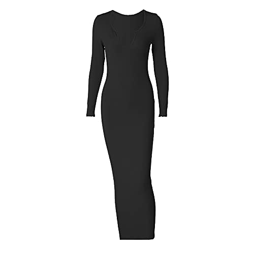 Antopmen Women Sexy V Neck Ribbed Knitted Long Sleeve Midi Dress Bodycon Slim Partywear Maxi Dress(X-Large, Black) #TOP1